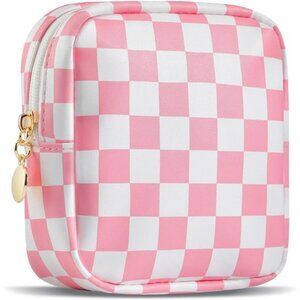 Small pink checkered makeup bag mini cosmetic pouch travel toiletry organizer